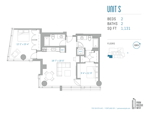 Floor plan for 2 beds, 2 baths, 1131 sqft